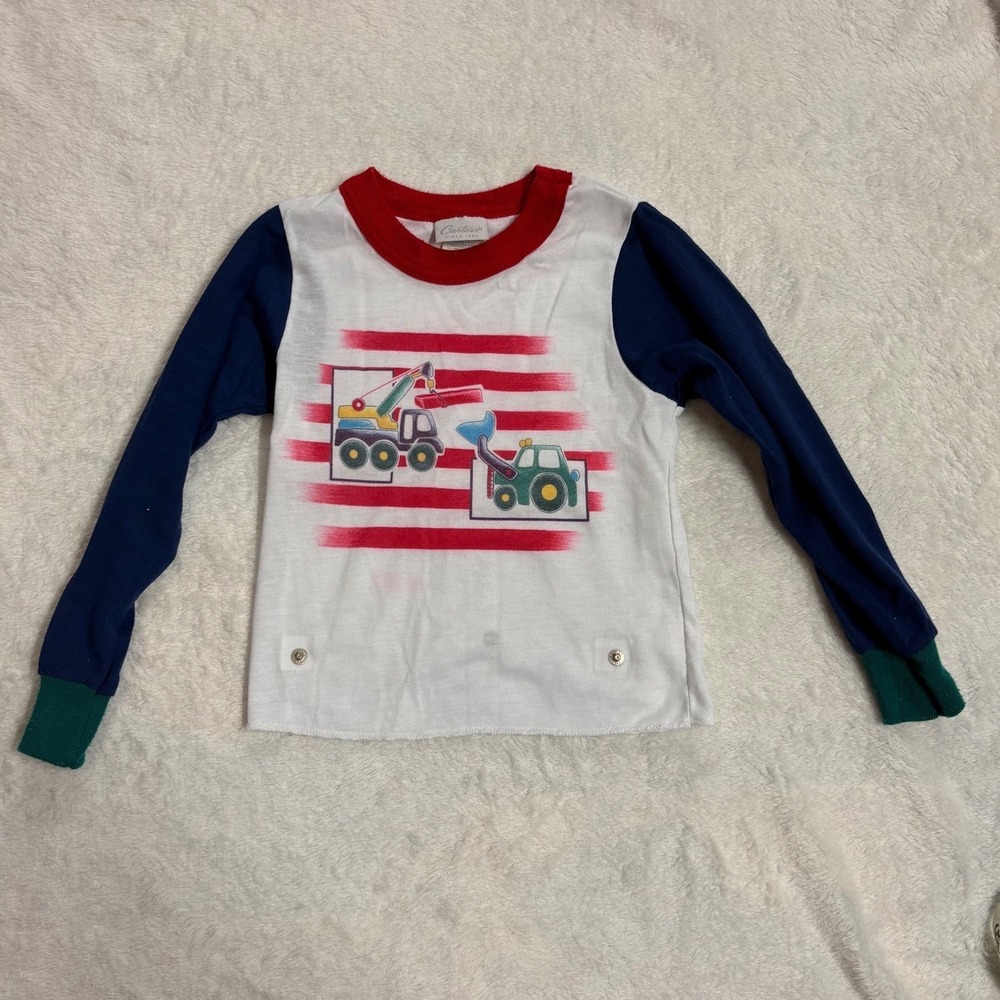 Vintage Carters Boys 4T Construction Truck Colorblock Long Sleeve Pajama PJ Top
